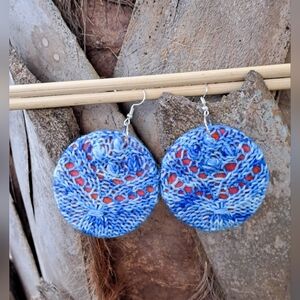 Circle Knit Earrings Blue Hand Dyed Yarn Abstract Red Cotton